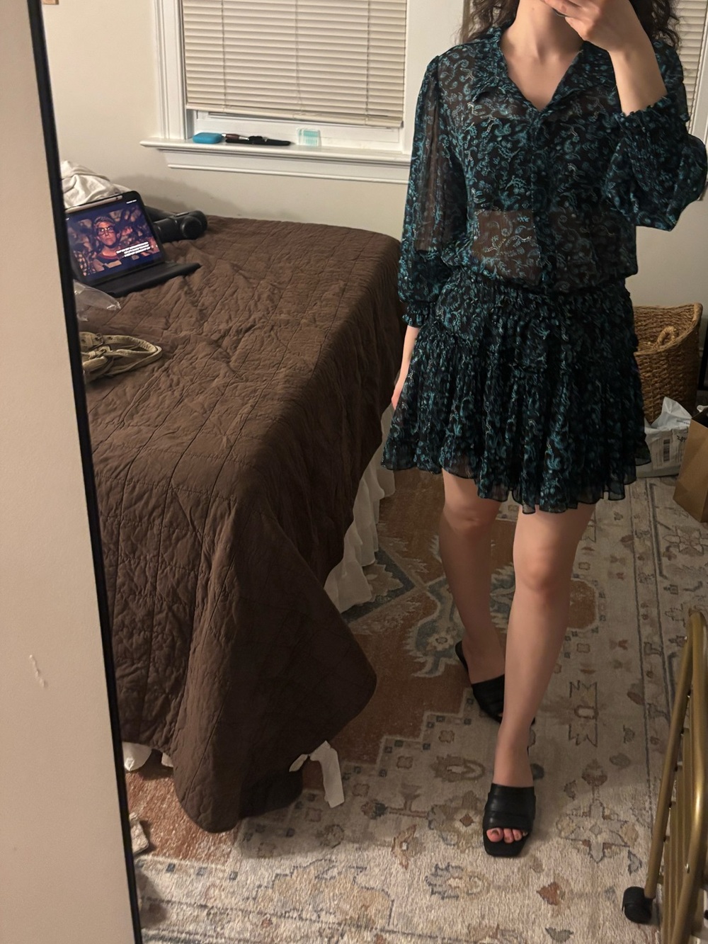 Sheer Green Floral Ruffle Dress - Women's